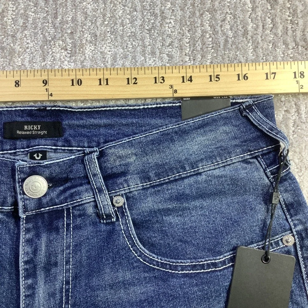True Religion Ricky SN Flap Relaxed Straight Jeans Blue Size 33 x‎ 34 NWT